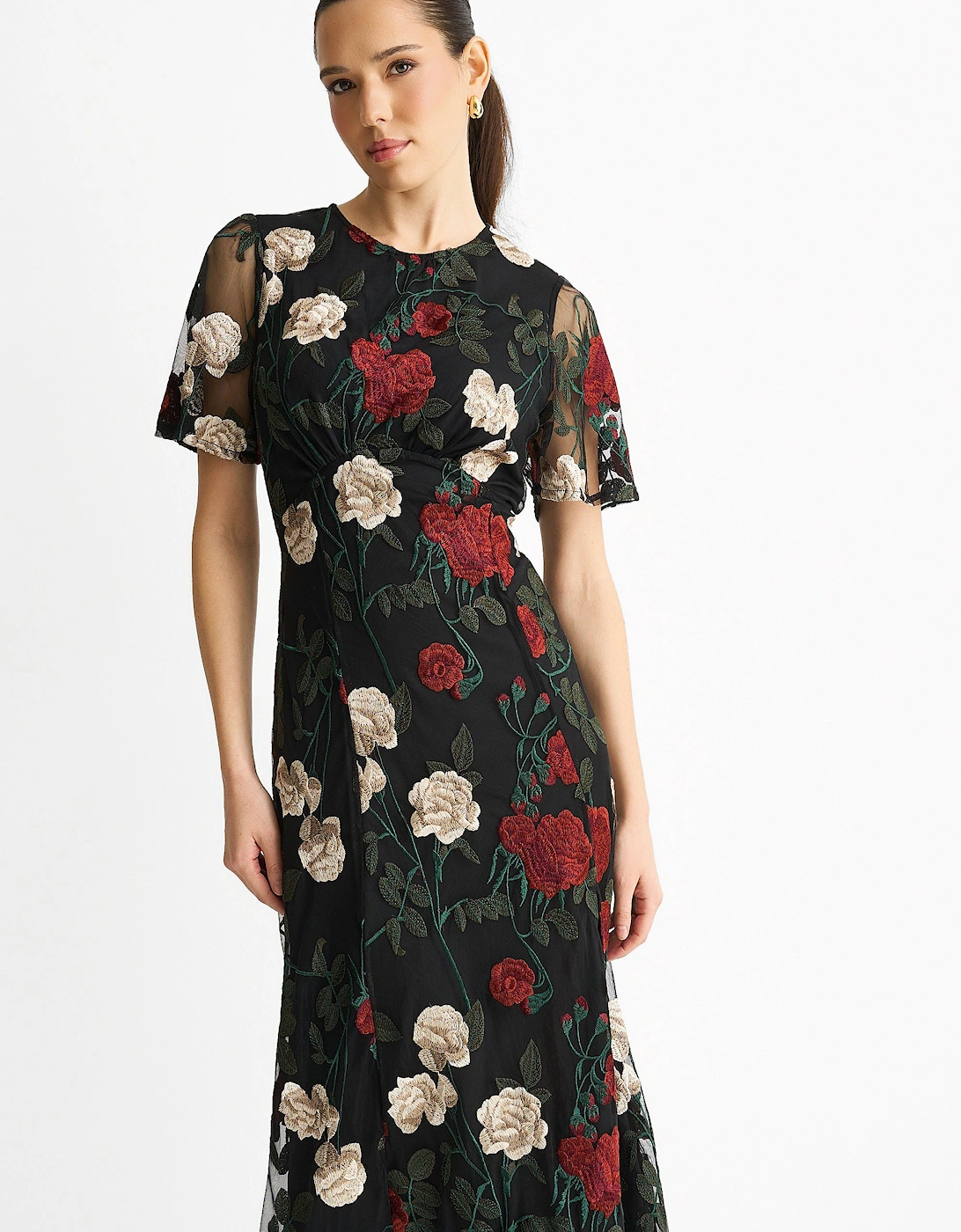 Black Angel Sleeves Embroidered Occasion Midi Dress