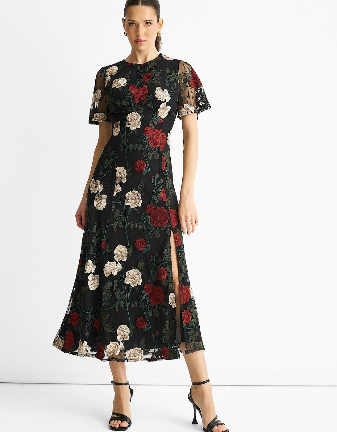 Gini London Women's Black Angel Sleeves Embroidered Occasion Midi Dress - Size 10