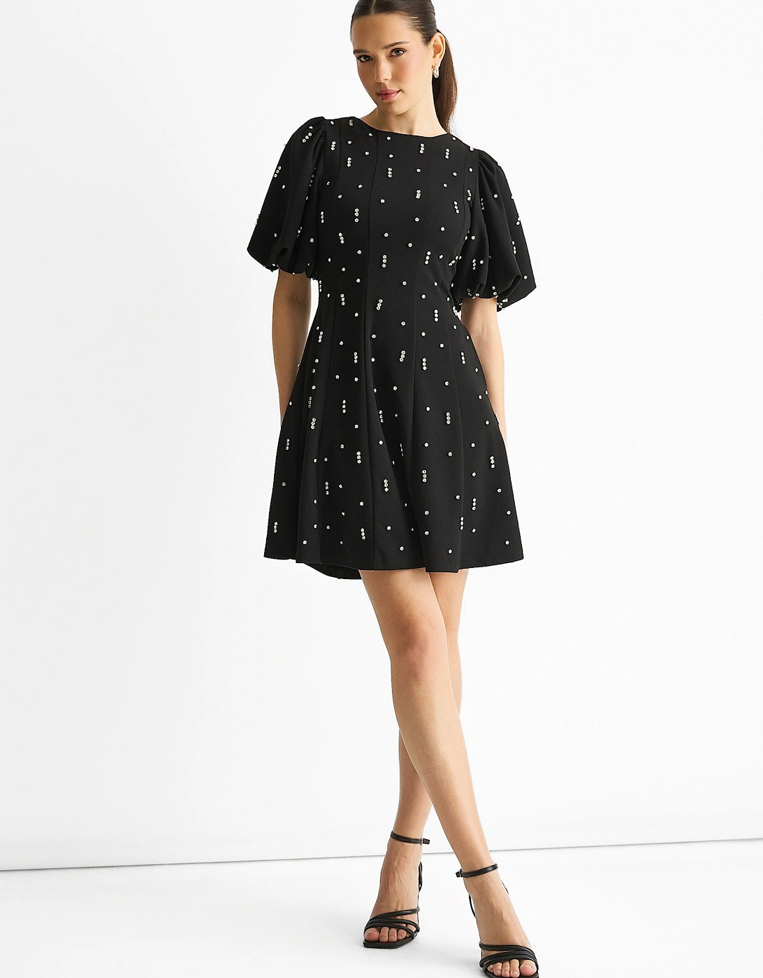 Black Diamante Trim Puff Ball Sleeves Stretchy Mini Dress, 5 of 4