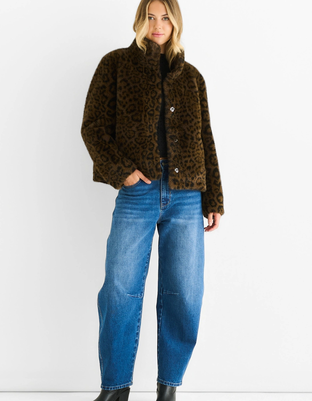 Brown Funnel Neck Animal Print Faux Fur Jacket, 5 of 4