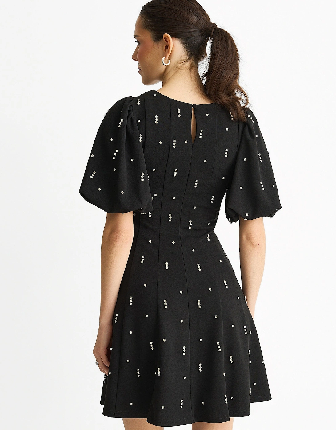 Black Diamante Trim Puff Ball Sleeves Stretchy Mini Dress