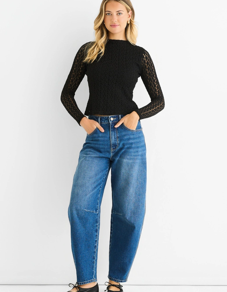 Black High Neck Jersey Lace Long Sleeve Top