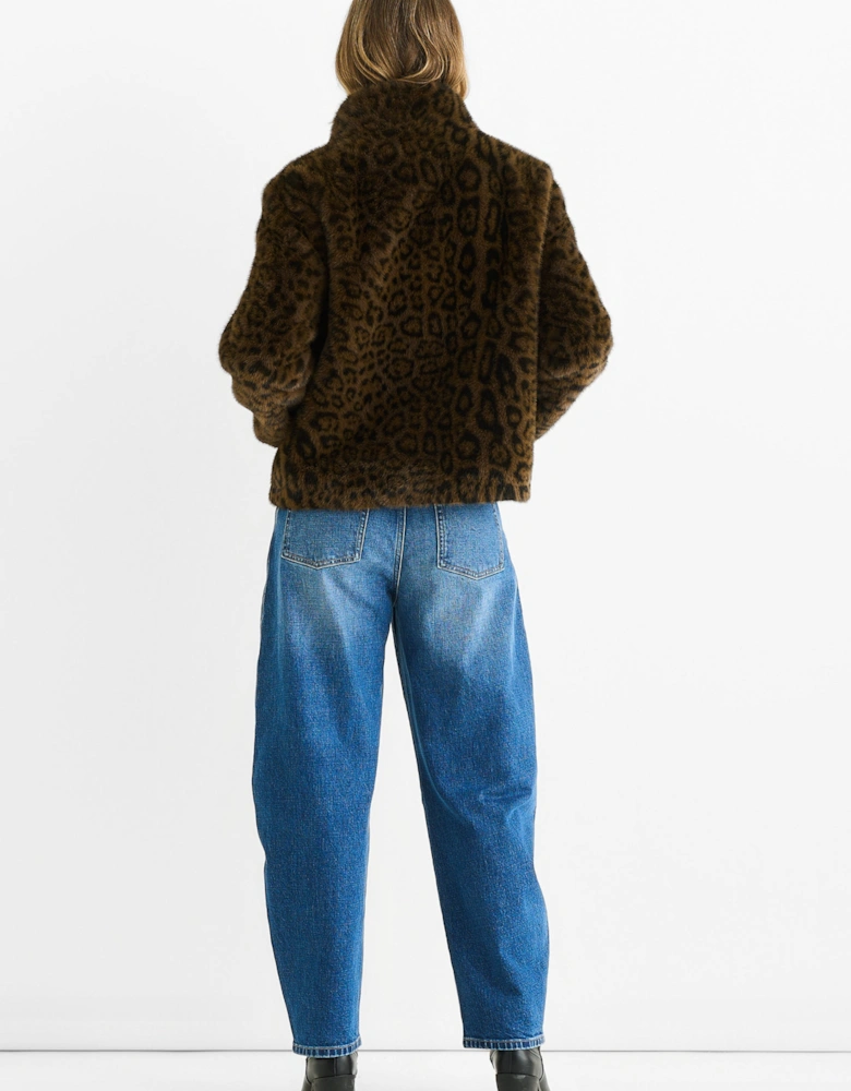 Brown Funnel Neck Animal Print Faux Fur Jacket