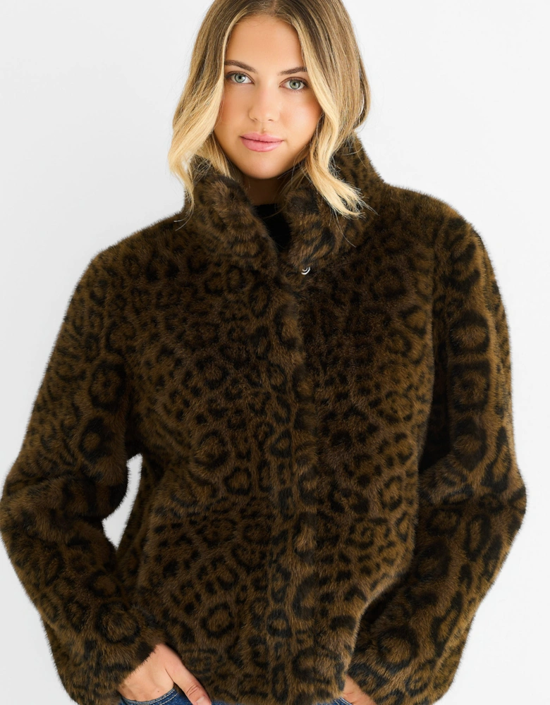 Brown Funnel Neck Animal Print Faux Fur Jacket