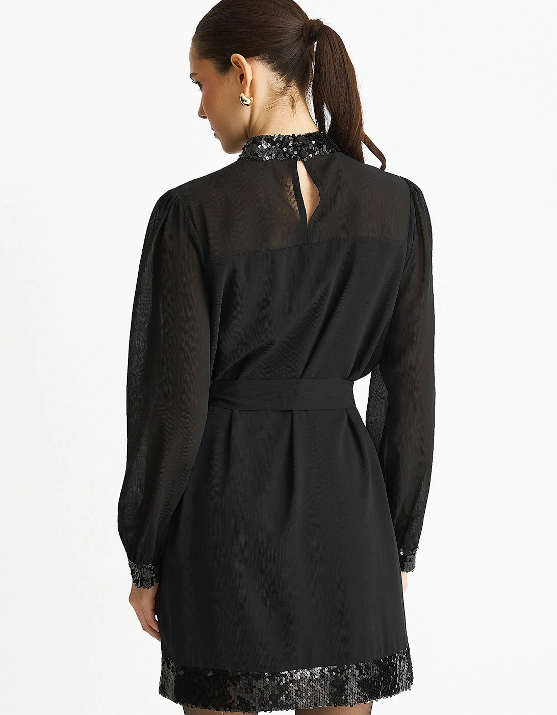 Black Sequin Trim High Neck Belted Mini Dress