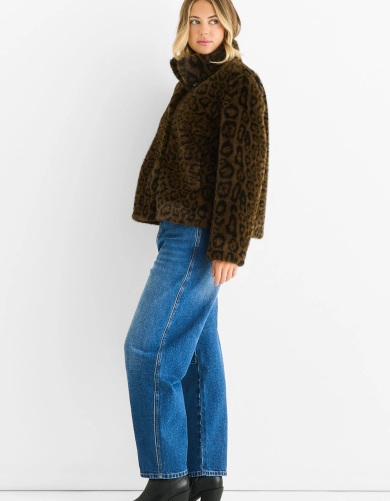 Brown Funnel Neck Animal Print Faux Fur Jacket
