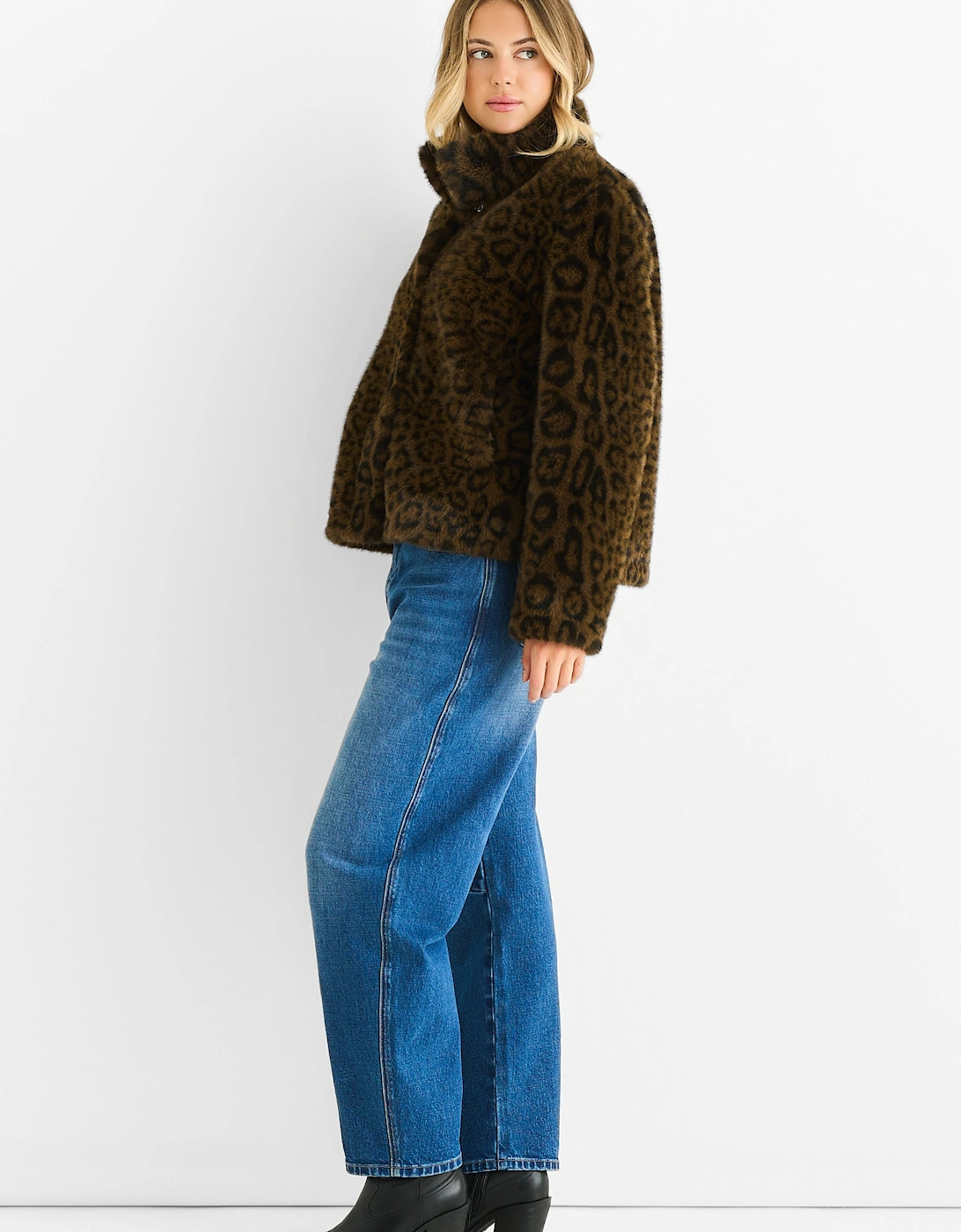 Brown Funnel Neck Animal Print Faux Fur Jacket