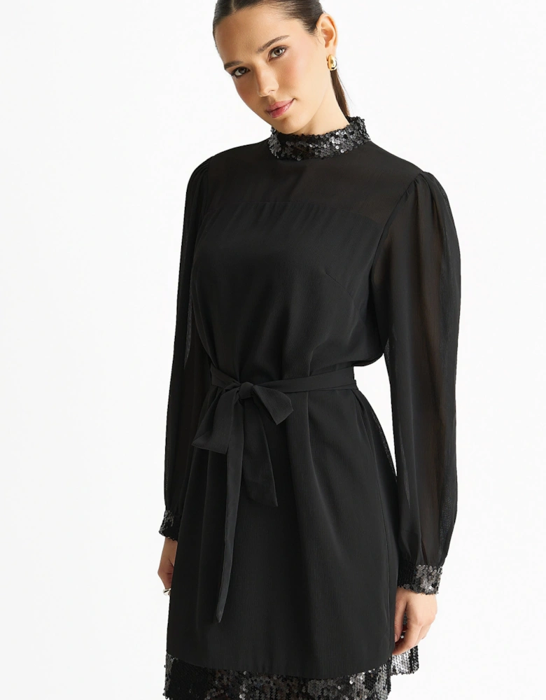 Black Sequin Trim High Neck Belted Mini Dress