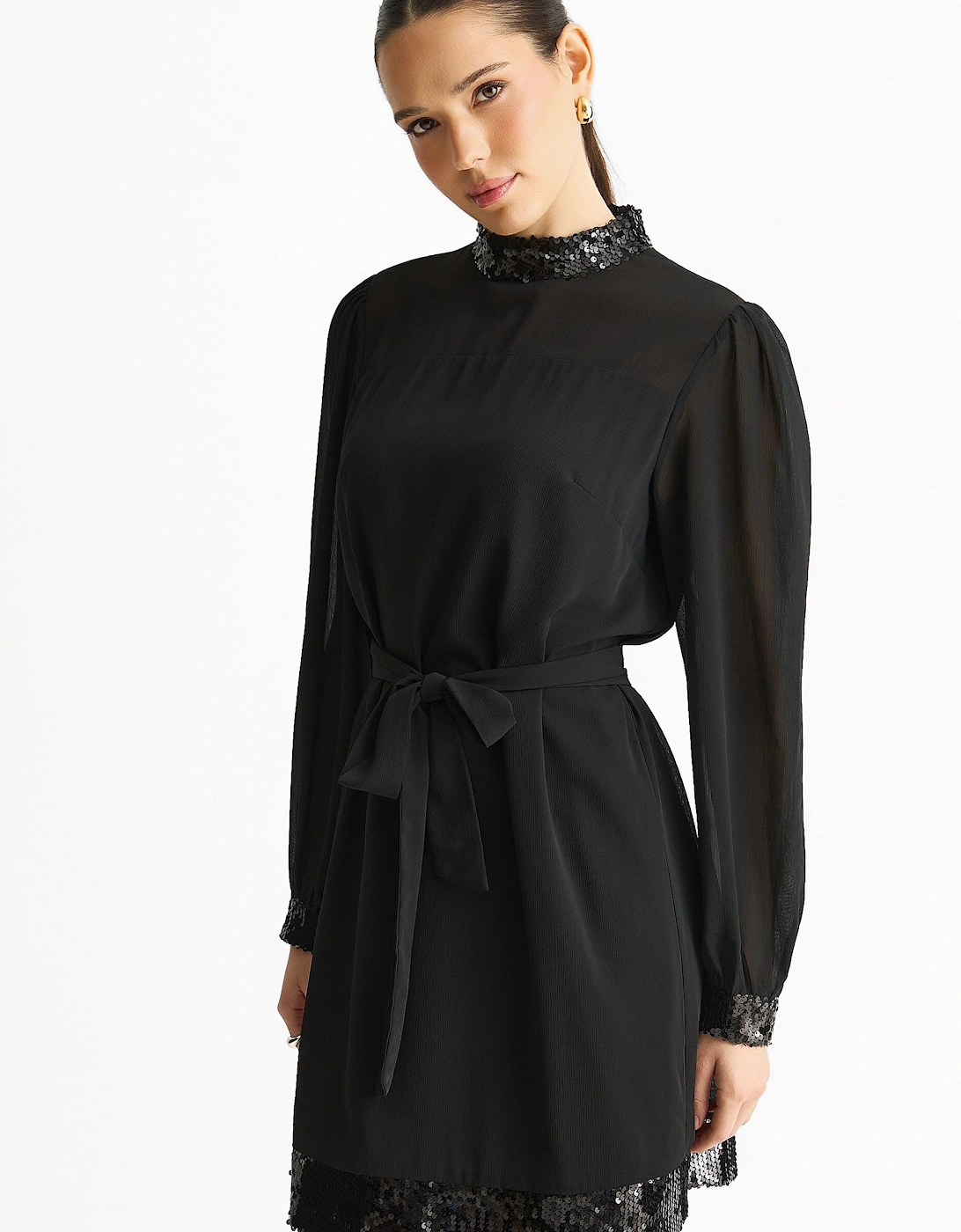 Black Sequin Trim High Neck Belted Mini Dress
