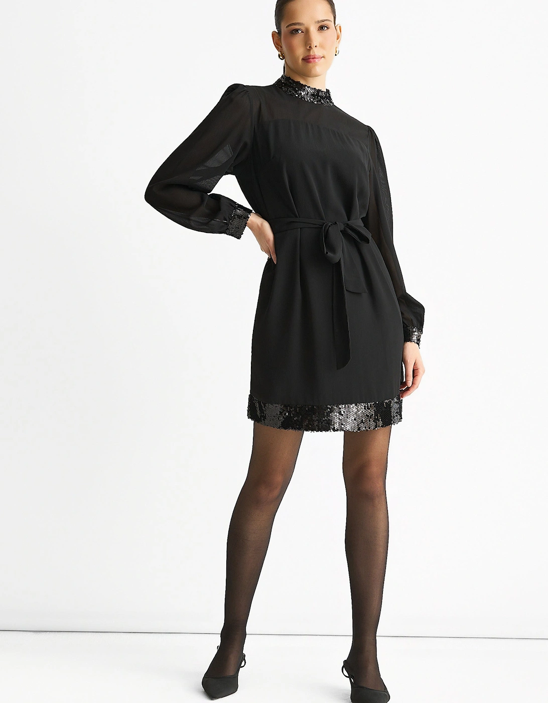 Black Sequin Trim High Neck Belted Mini Dress