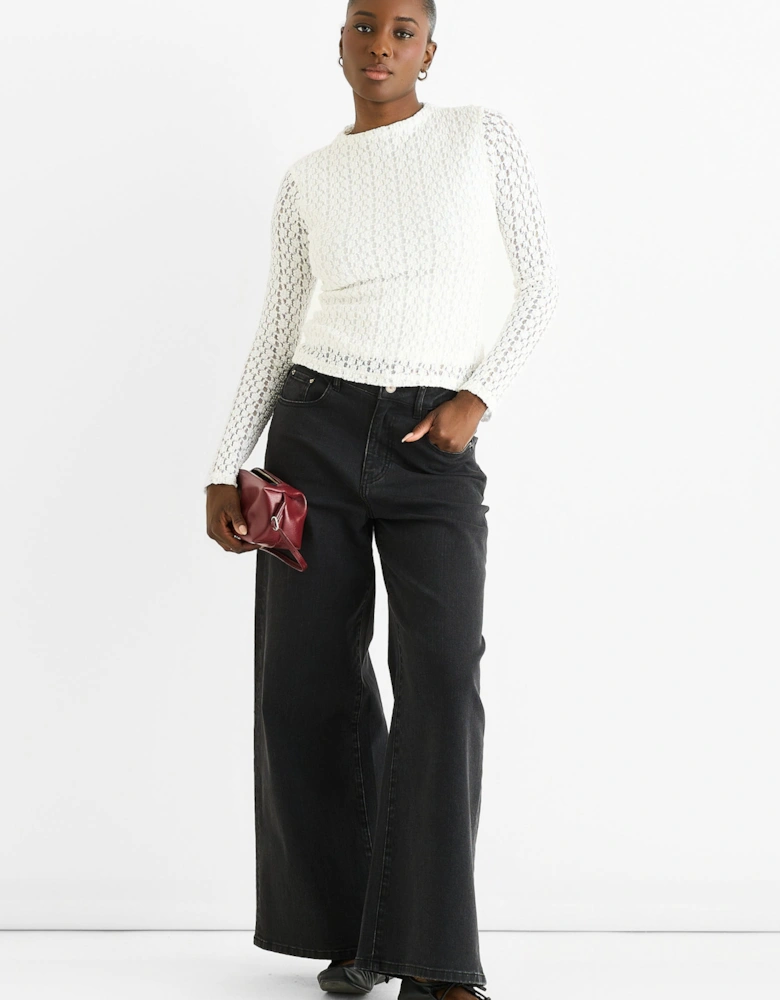 White High Neck Jersey Lace Long Sleeves Top