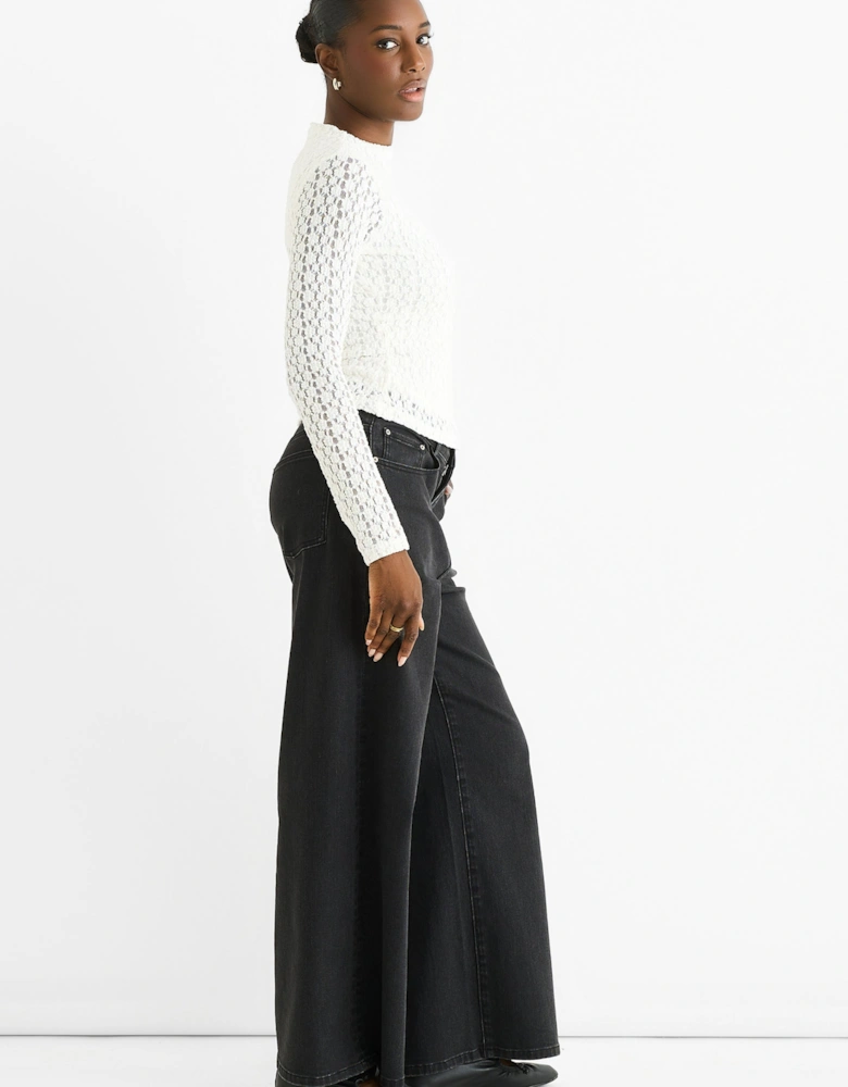 White High Neck Jersey Lace Long Sleeves Top