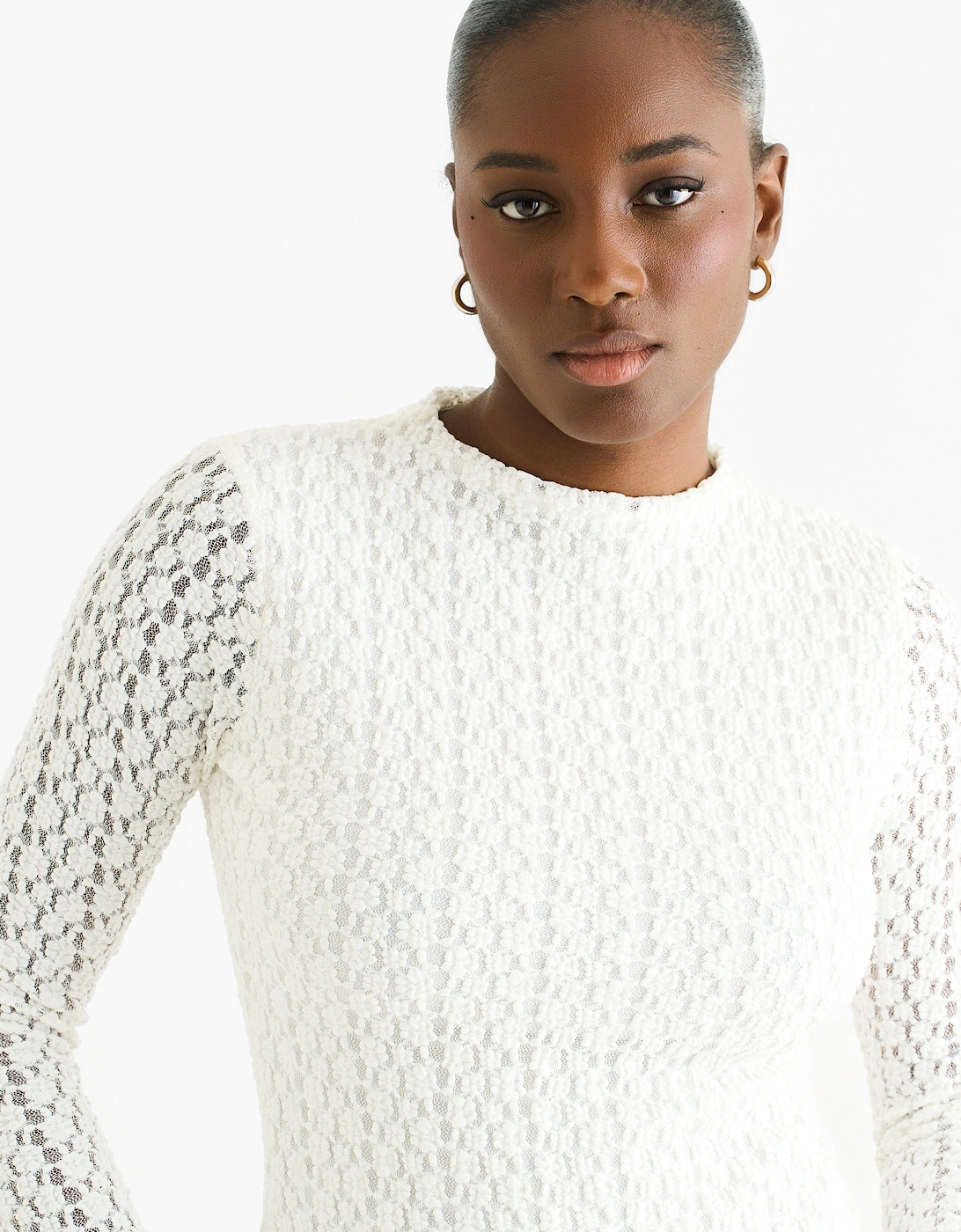 White High Neck Jersey Lace Long Sleeves Top