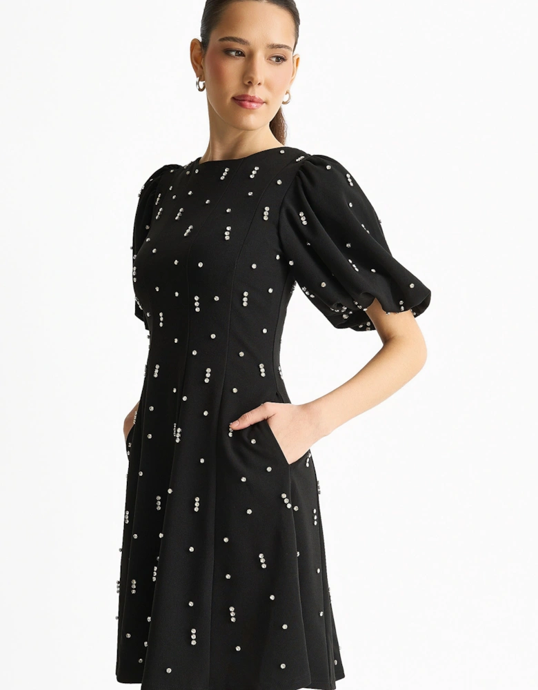 Black Diamante Trim Puff Ball Sleeves Stretchy Mini Dress