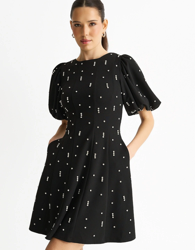 Black Diamante Trim Puff Ball Sleeves Stretchy Mini Dress