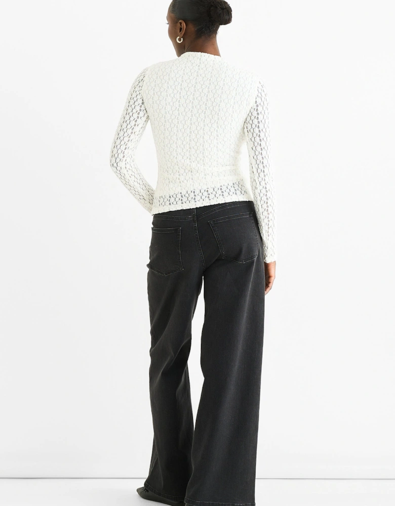 White High Neck Jersey Lace Long Sleeves Top