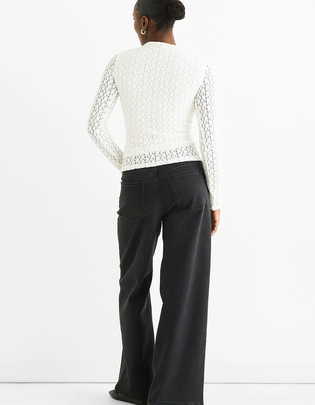 White High Neck Jersey Lace Long Sleeves Top
