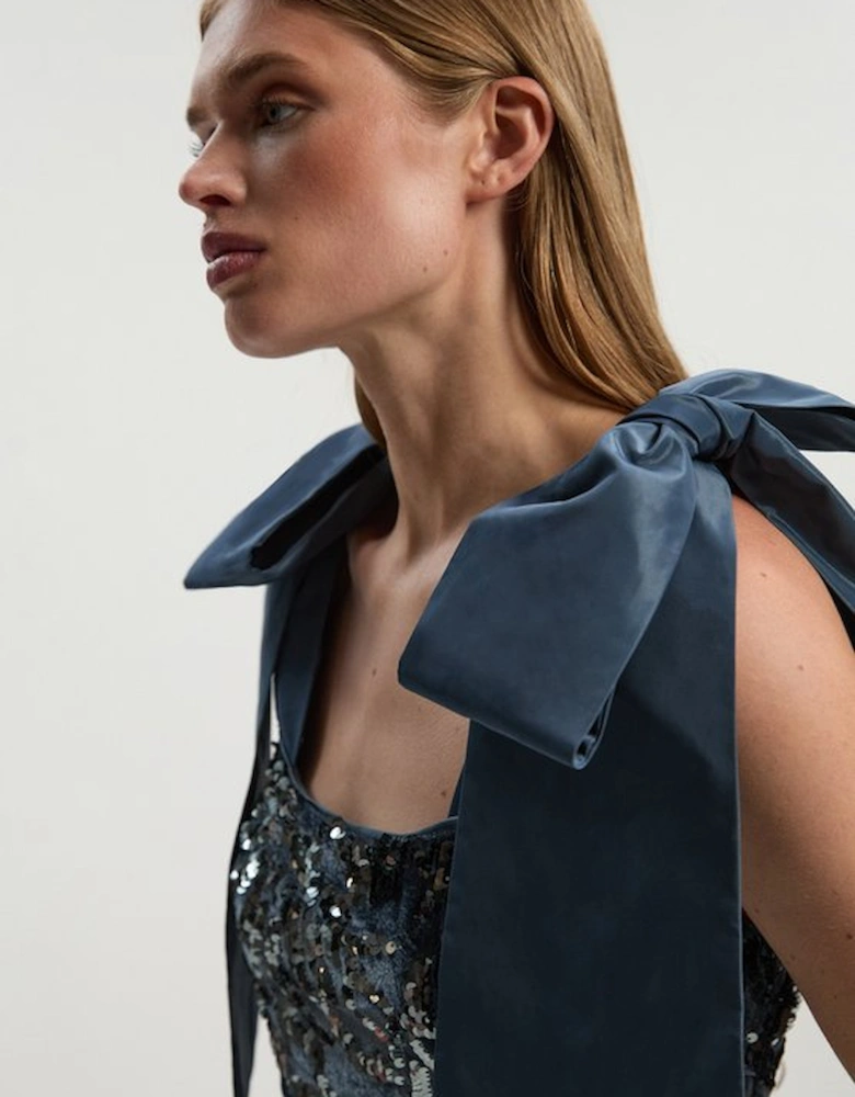 Tall Velvet Sequin Woven Mini Dress With Taffeta Bow Tie Detail