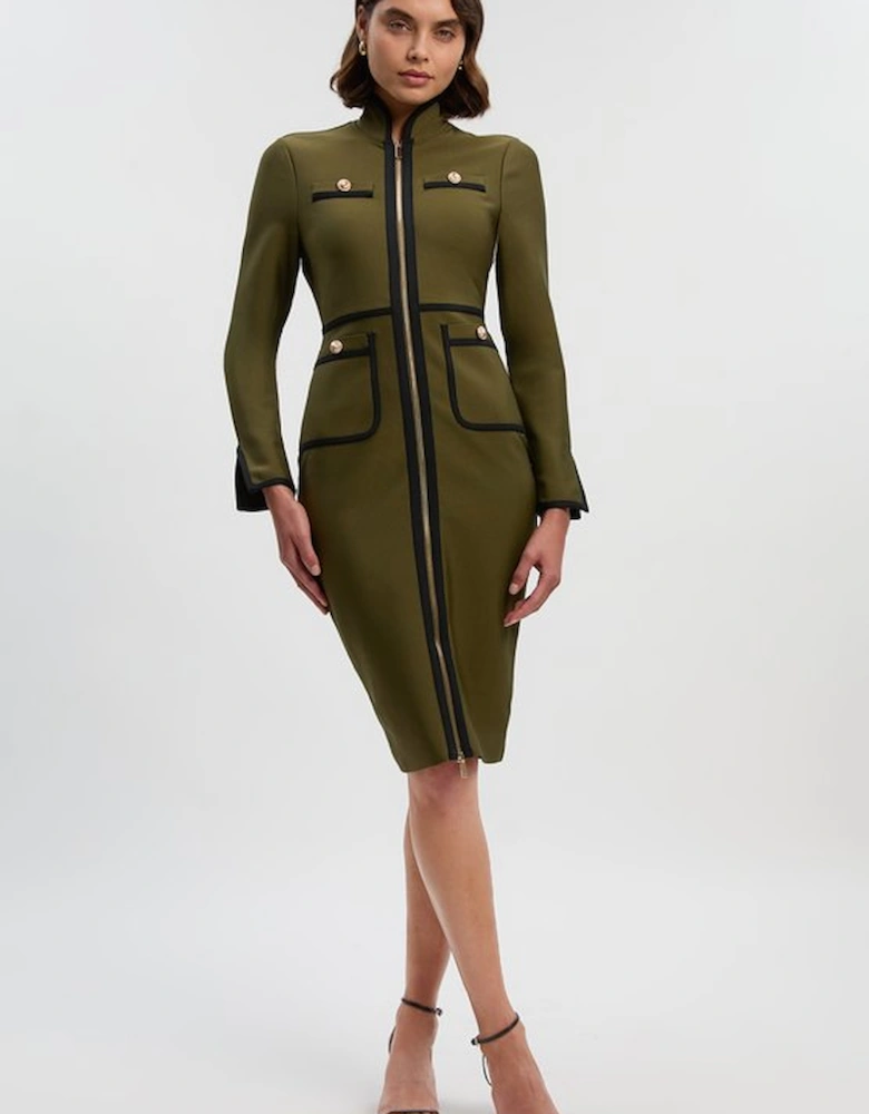 Figure Form Bandage Knit Piping Detail Military Midi Dress