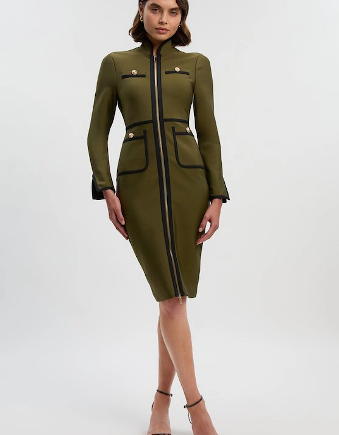 Figure Form Bandage Knit Piping Detail Military Midi Dress, 2 of 1