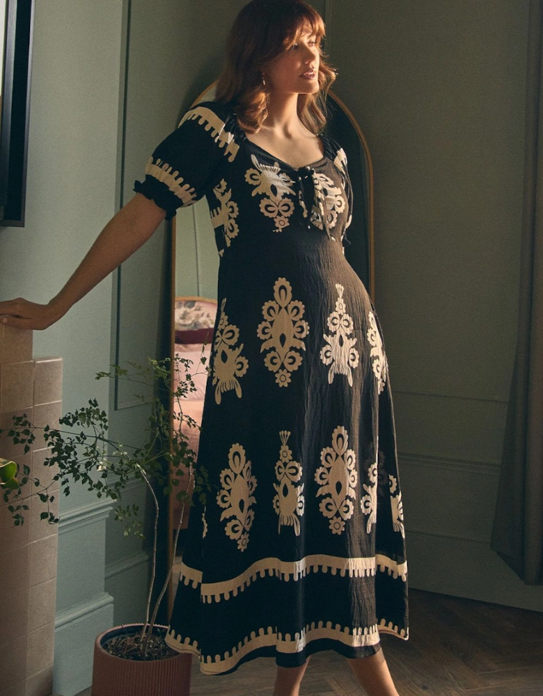 Printed Puff Sleeve Tie Front Midi Dress