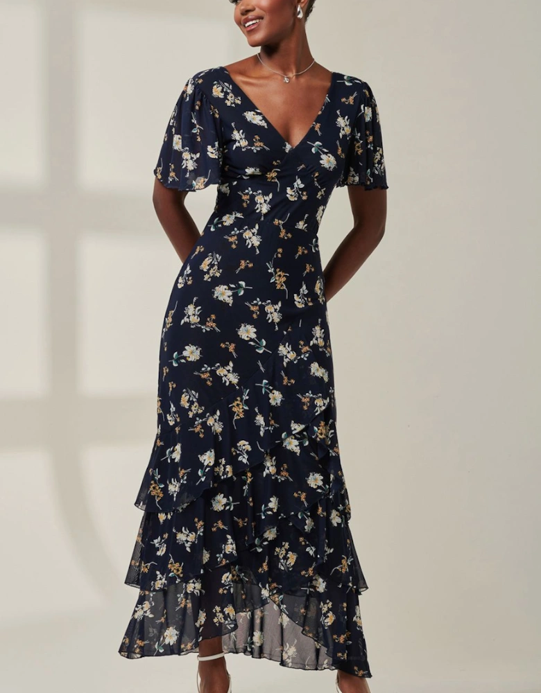 Angel Sleeve Tiered Hem Maxi Dress
