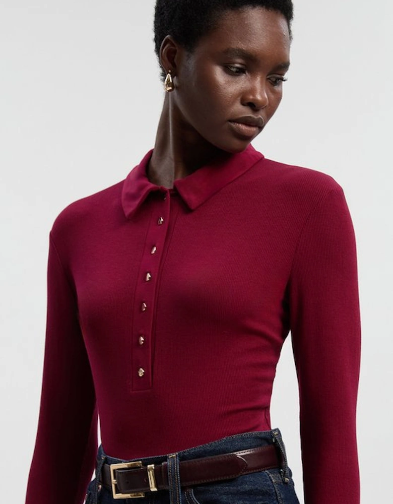 Viscose Rib Jersey Long Sleeve Collared Button Top