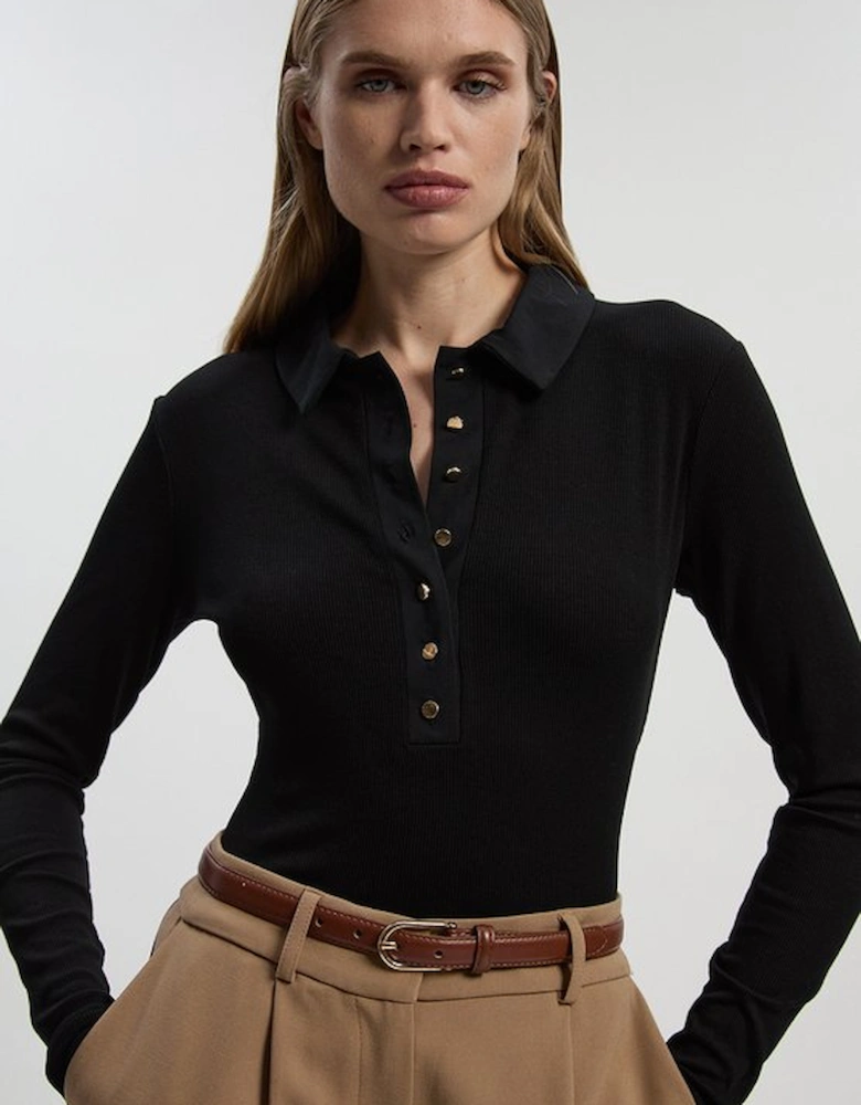 Viscose Rib Jersey Long Sleeve Collared Button Top
