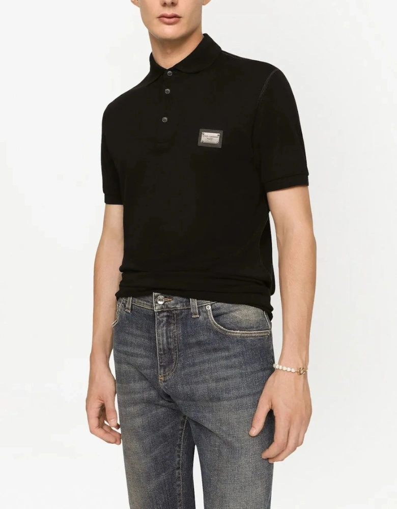 Logo Plaque Pique Polo Shirt Black