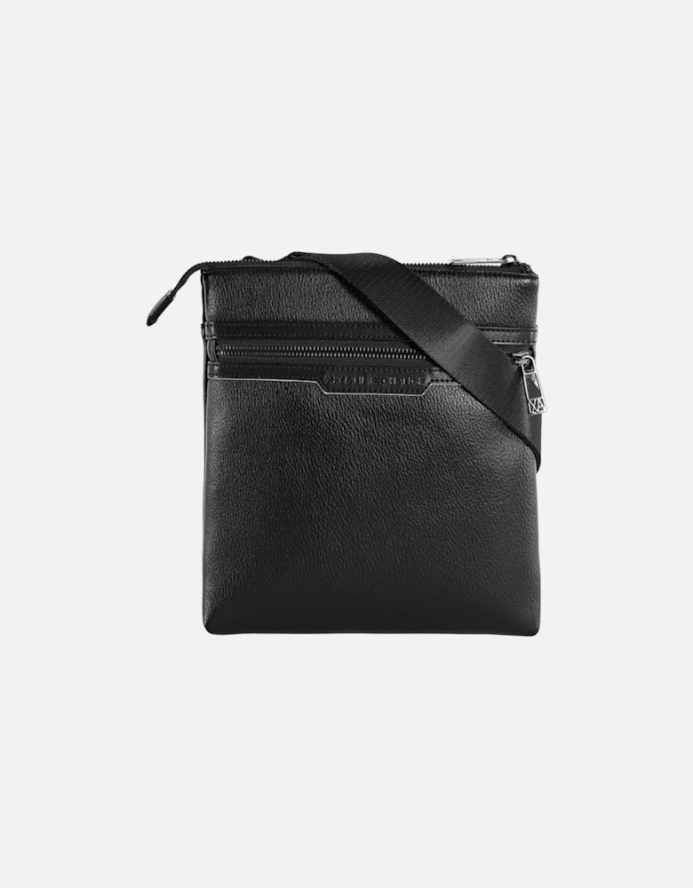 Grain Leather Metal Logo Black Pouch Bag