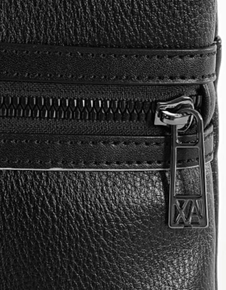 Grain Leather Metal Logo Black Pouch Bag