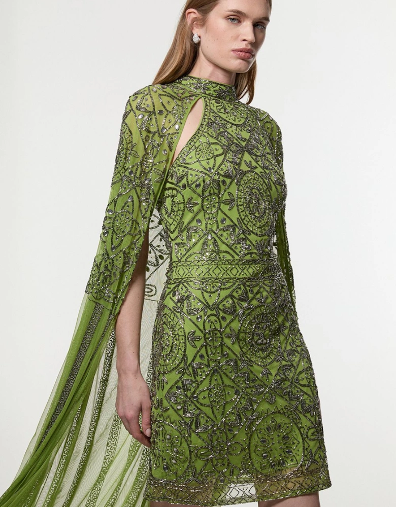 Premium Beading And Embellished Woven Cape Detail Mini Dress