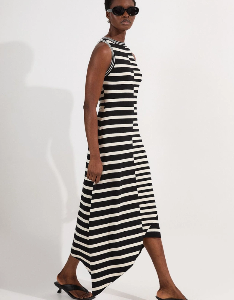 Petite Asymmetric Hem Cut About Stripe Sleeveless Knitted Midi Dress