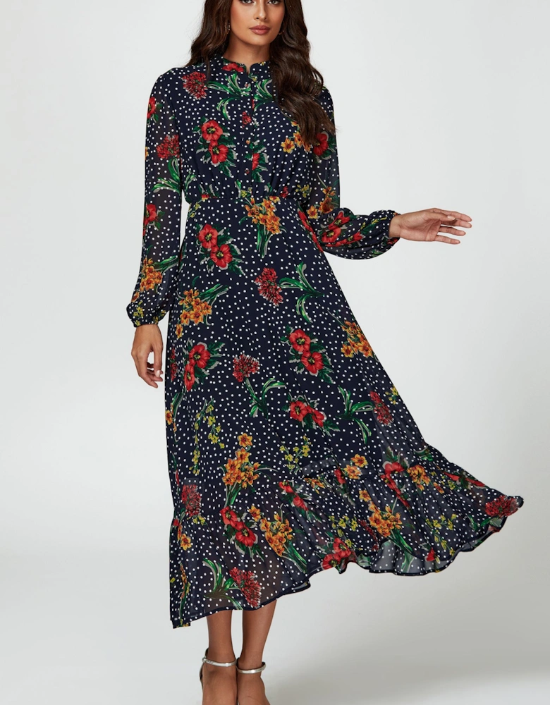 Floral Dot Print Maxi Dress In Black