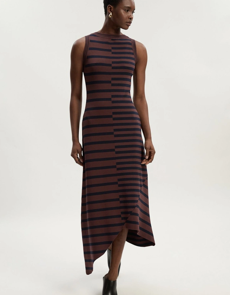 Asymmetric Hem Cut About Stripe Sleeveless Knitted Midi Dress