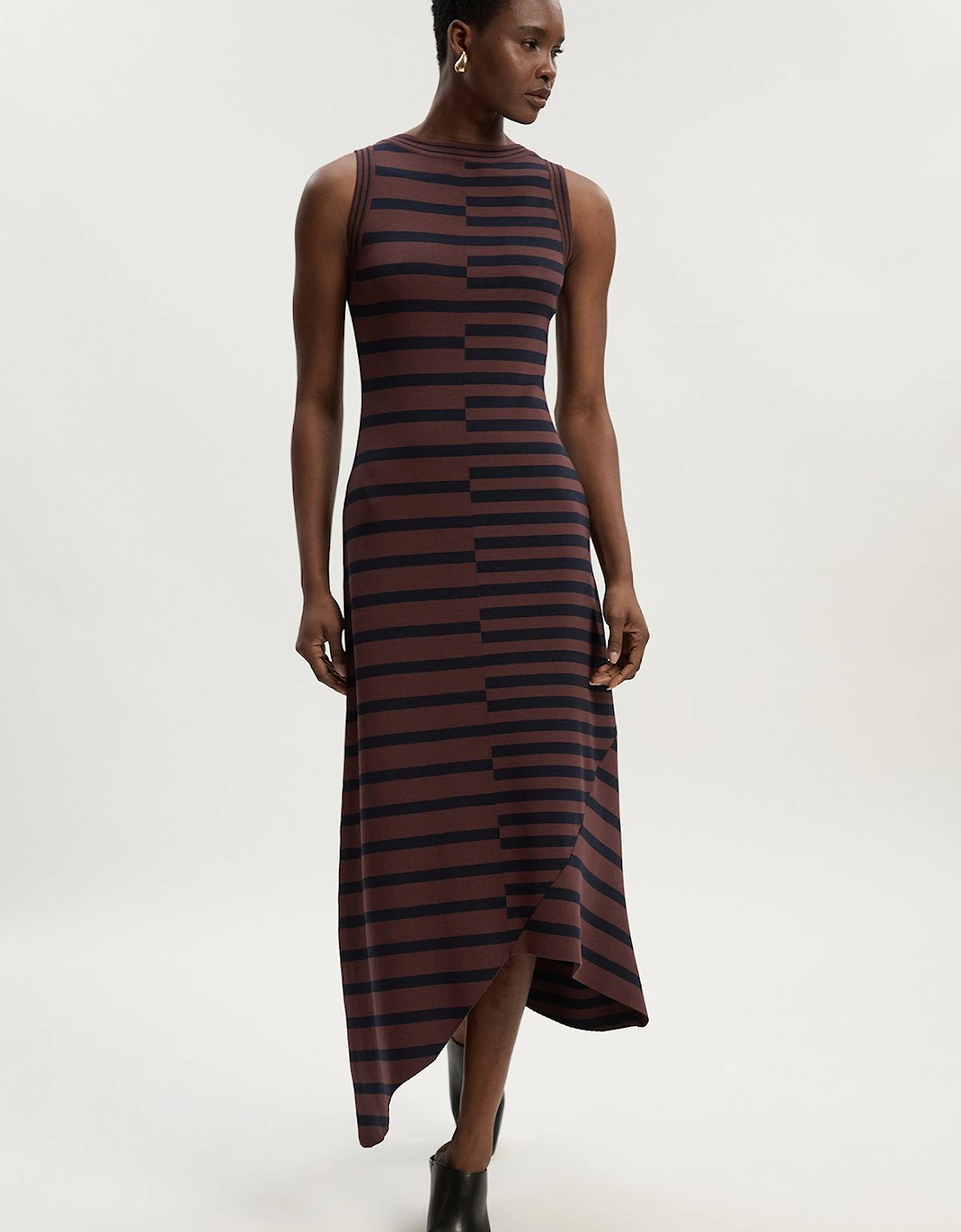 Asymmetric Hem Cut About Stripe Sleeveless Knitted Midi Dress, 2 of 1