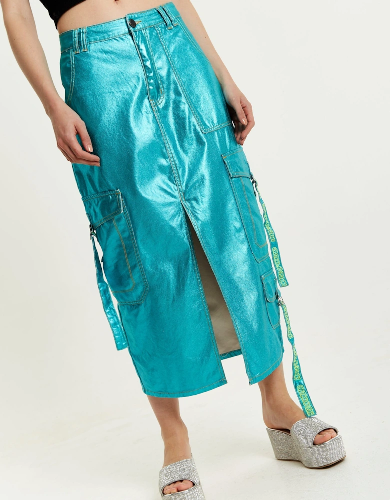 Metallic Blue Midi Skirt