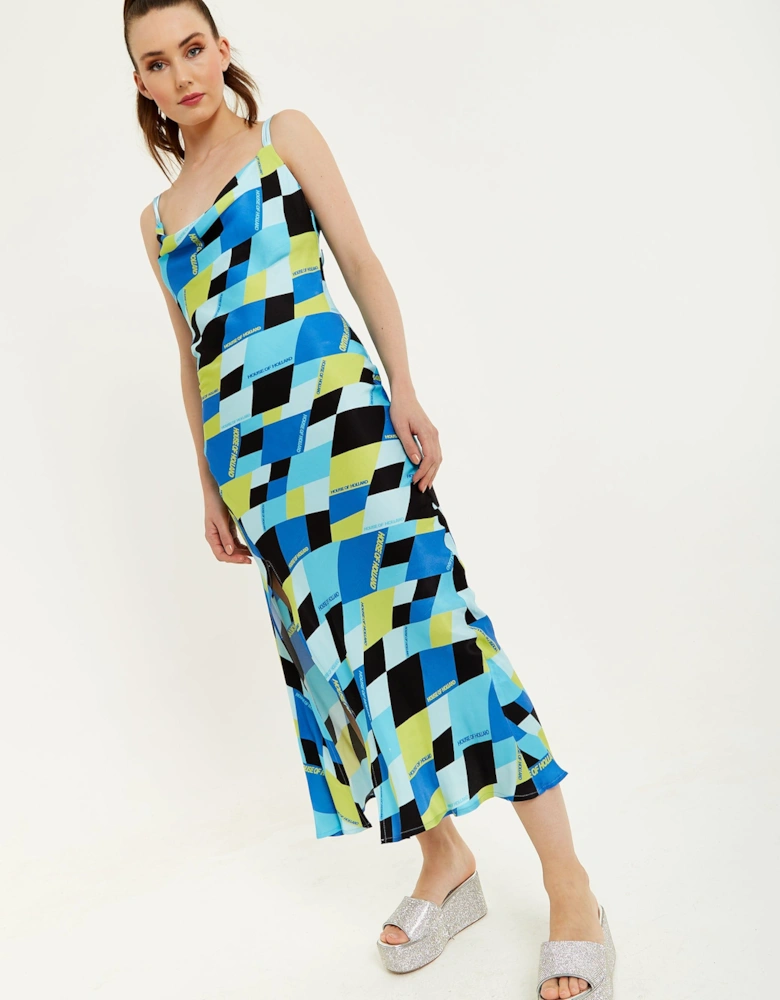 Blue And Black Printed Midi Dress With Cowl Neck