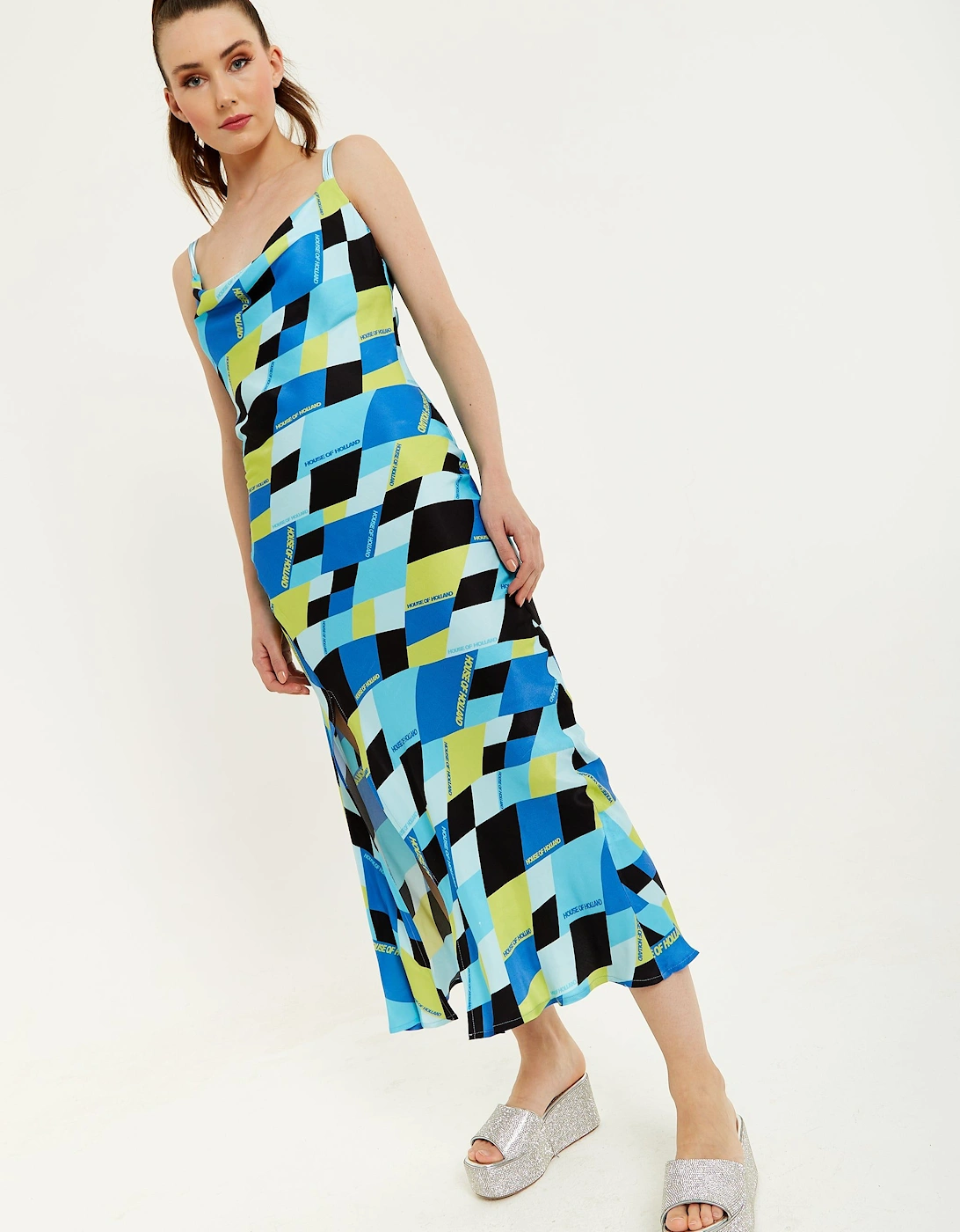Blue And Black Printed Midi Dress With Cowl Neck, 2 of 1
