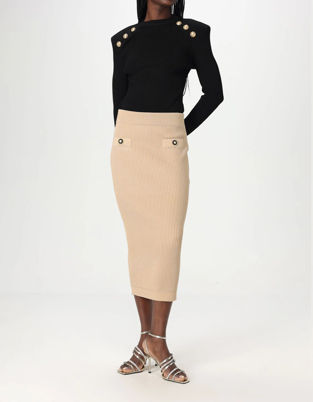 Ribbed Knit Midi Skirt with Pockets