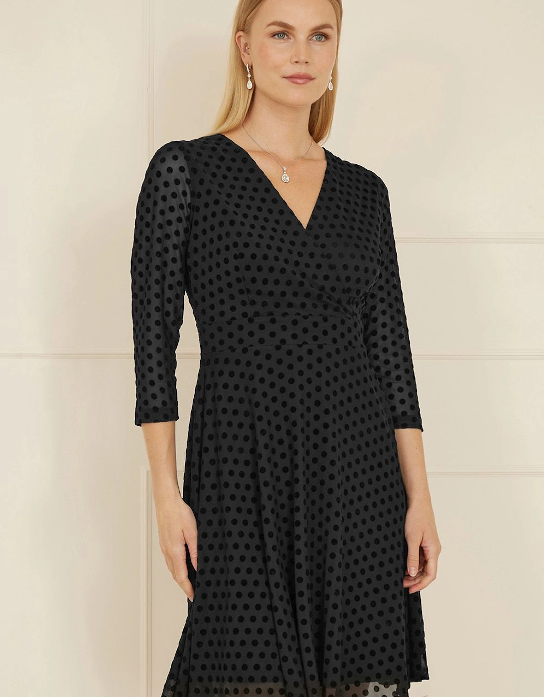 Black Velour Spot 3/4 Sleeve Wrap Skater Dress, 2 of 1