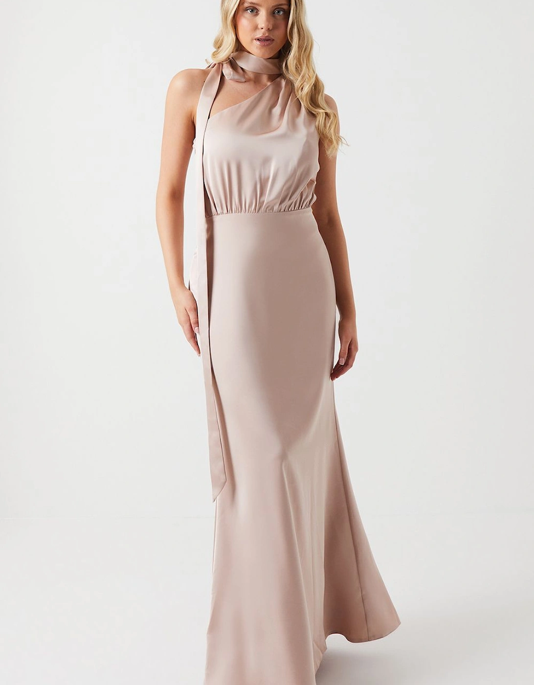 One Shoulder Tie Neck Satin Bridesmaid Dress, 2 of 1