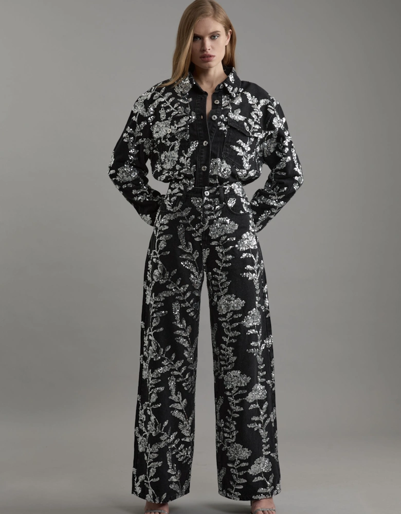 Denim All Over Floral Sequin Wide Leg Trousers