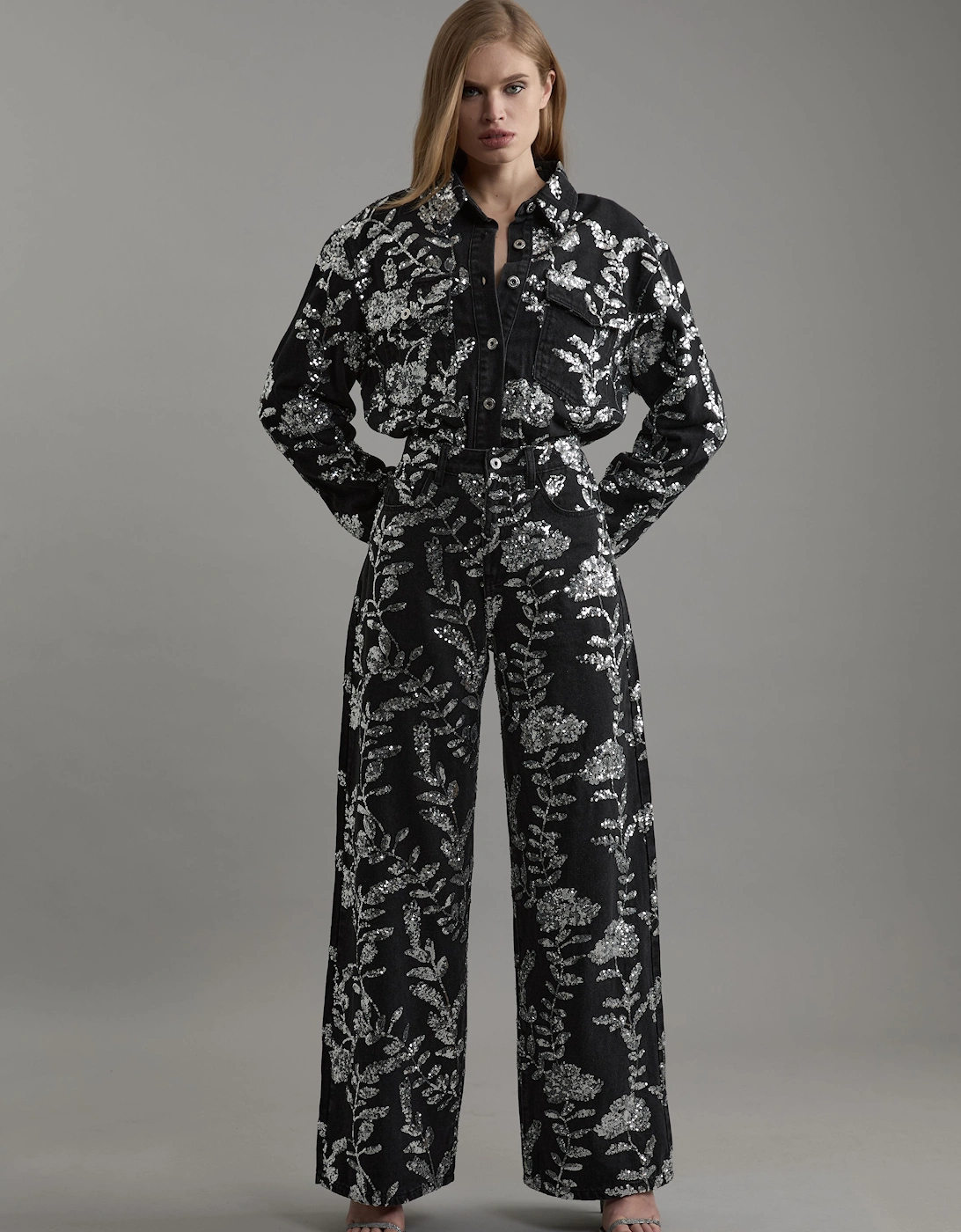 Denim All Over Floral Sequin Wide Leg Trousers, 2 of 1