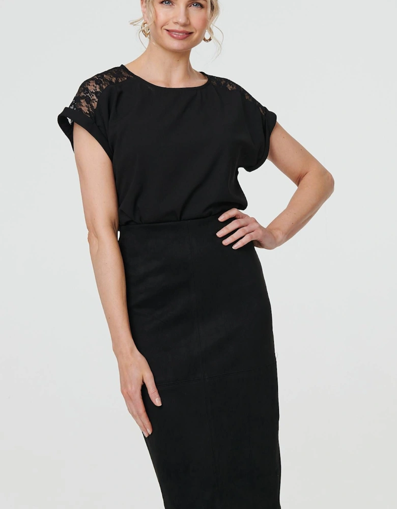 Faux Suede Knee Length Pencil Skirt