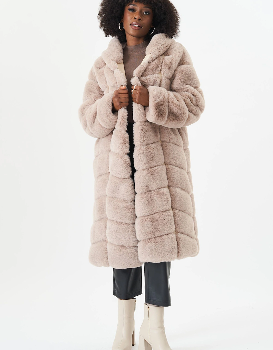Stone Panelled Hooded Longline Fur Coat, 2 of 1