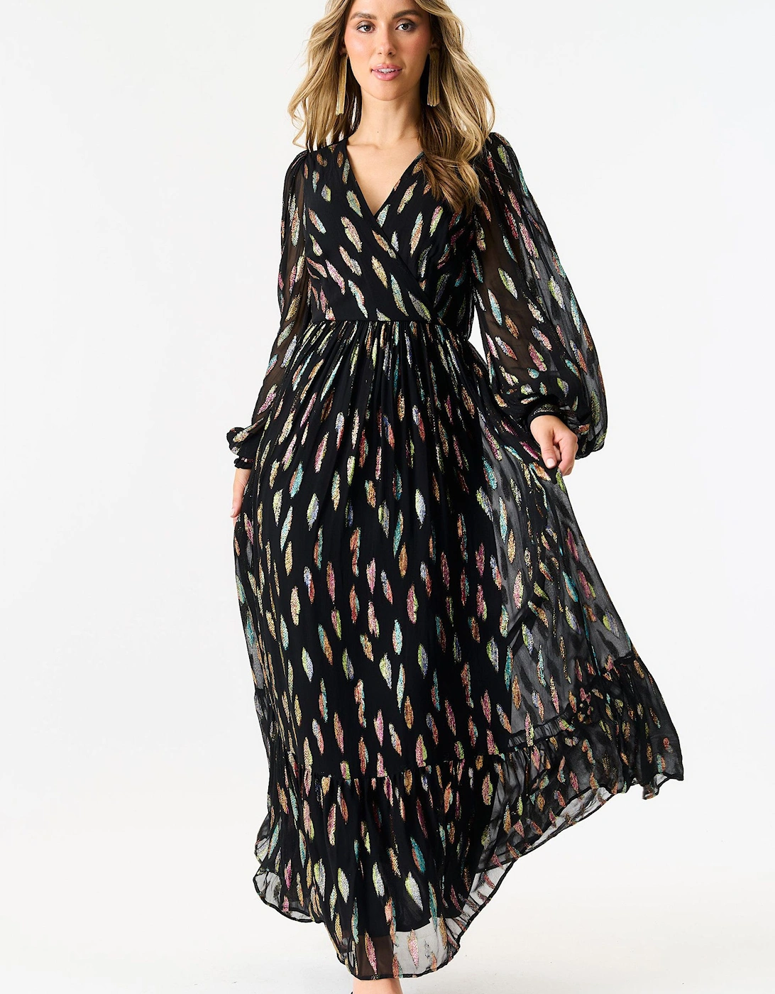 Black Metallic Print Full Sleeve Maxi Dress, 2 of 1
