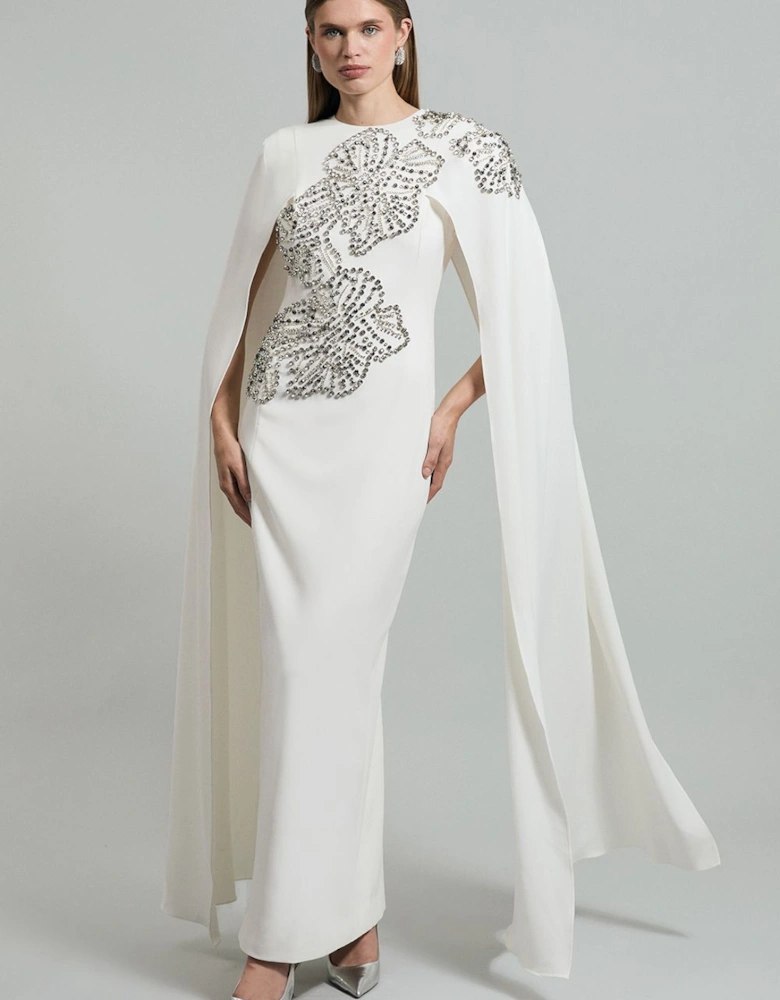 Placed Floral Crystal Embellished Tailored Drama Cape Maxi Dress