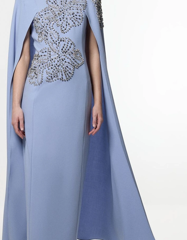Placed Floral Crystal Embellished Tailored Drama Cape Maxi Dress