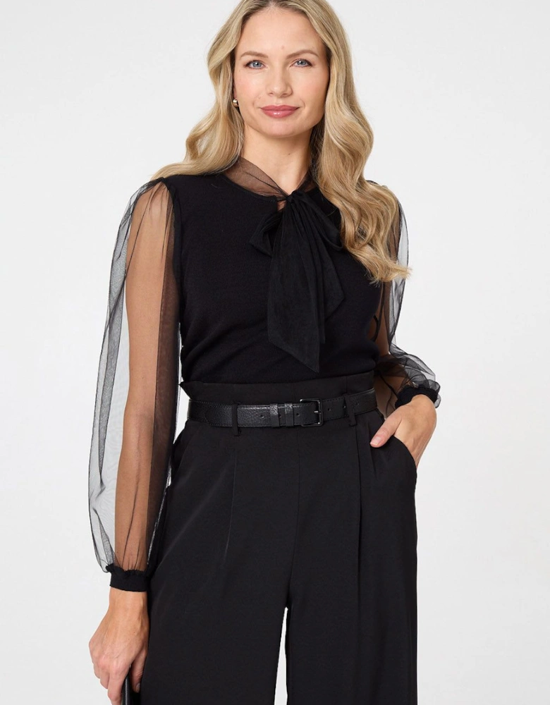 Semi Sheer Sleeve Tie Neck Knit Top
